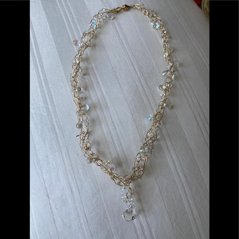 Handmade Crocheted gold metal Necklace with iridescent beads and crystal